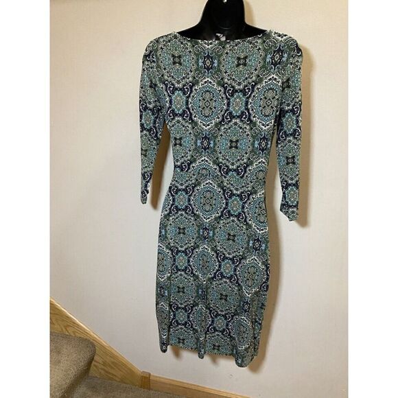 Talbots Womens Size Petite Green Medallion Ruched Side Faux Wrap Sheath Dress - Picture 2 of 8